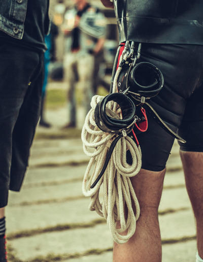 Drummer Magazine Pic of Man in Leather Shorts With Bondage Gear